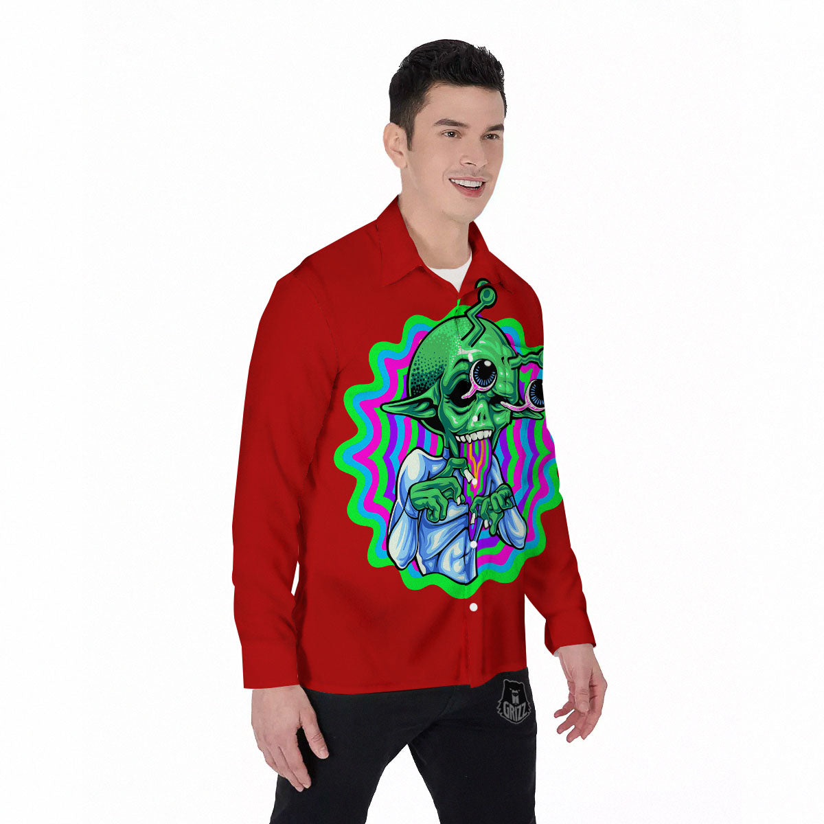 Trippy Alien Crazy Print Men's Long Sleeve Shirts-grizzshop