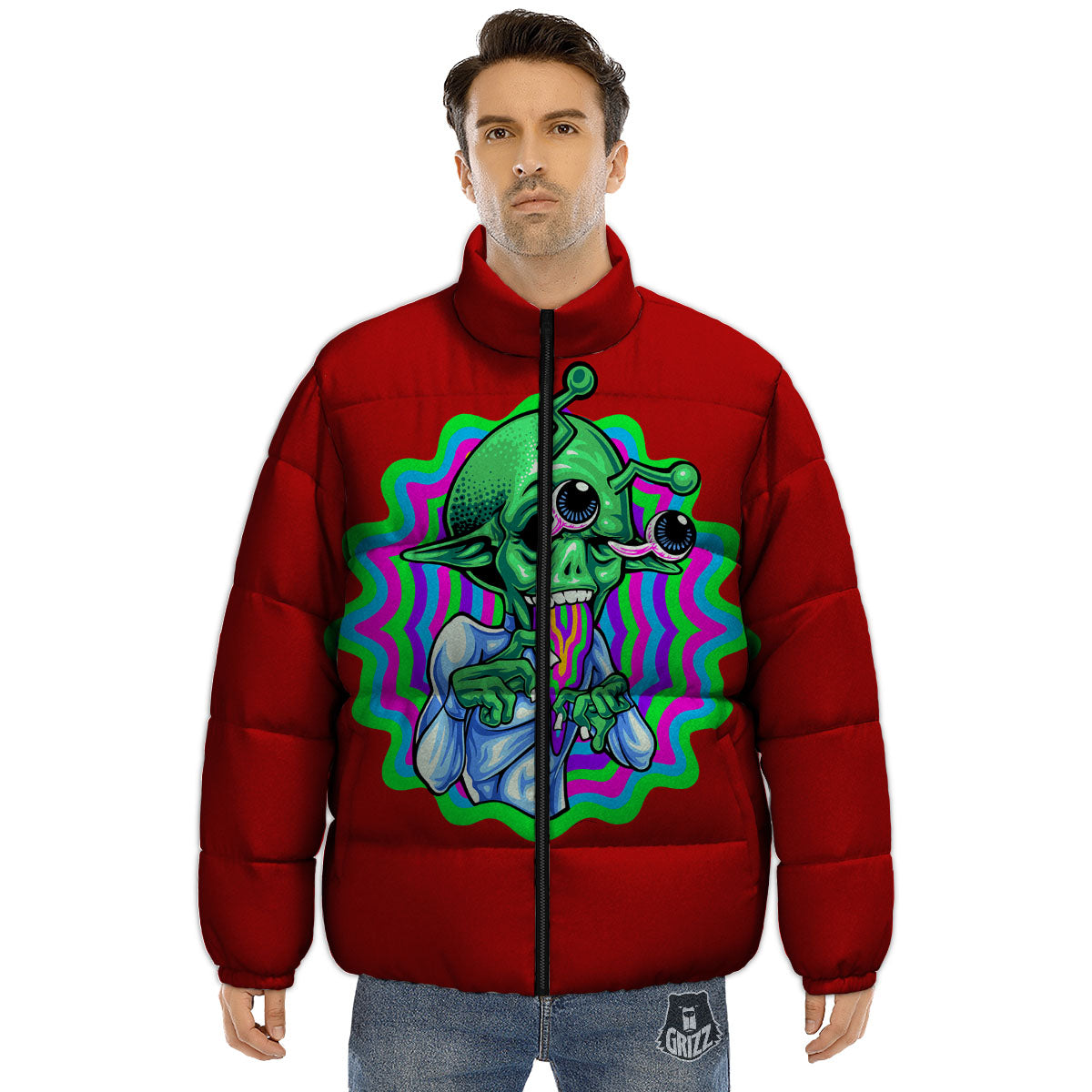 Trippy Alien Crazy Print Puffer Jacket-grizzshop