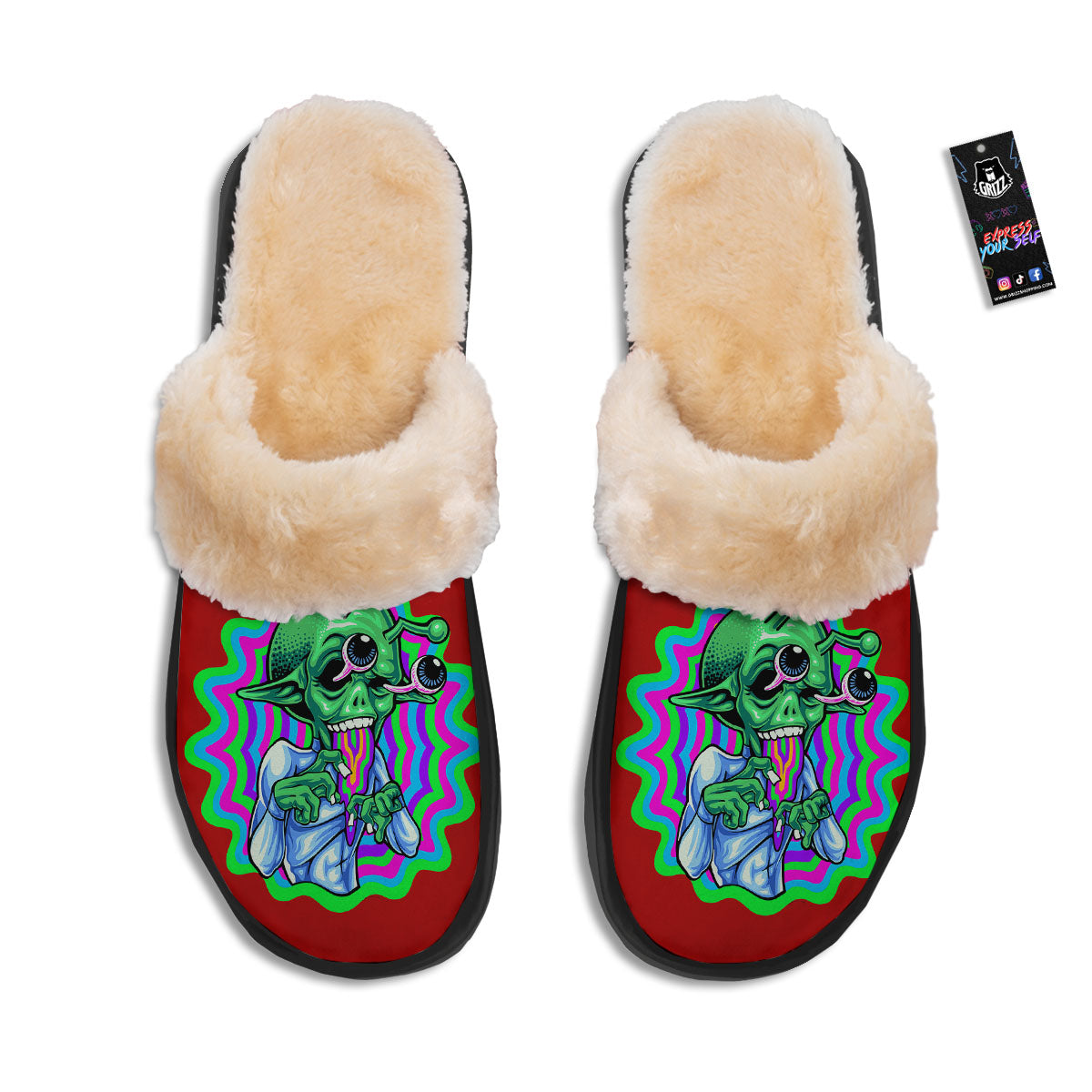 Trippy Alien Crazy Print Slippers-grizzshop