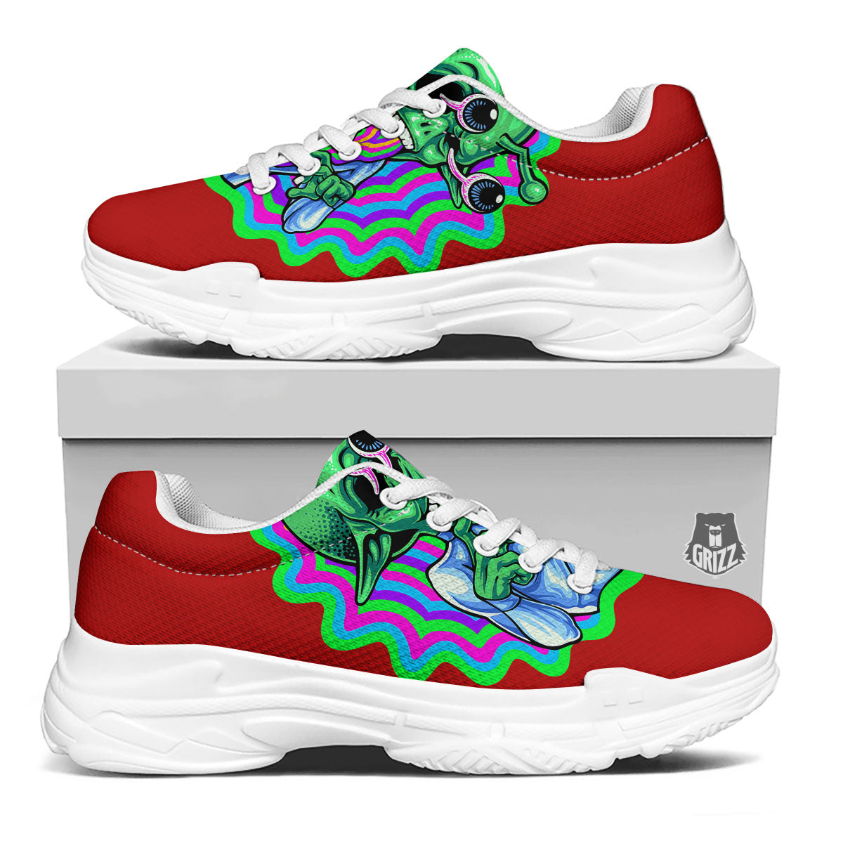 Trippy Alien Crazy Print White Chunky Shoes-grizzshop