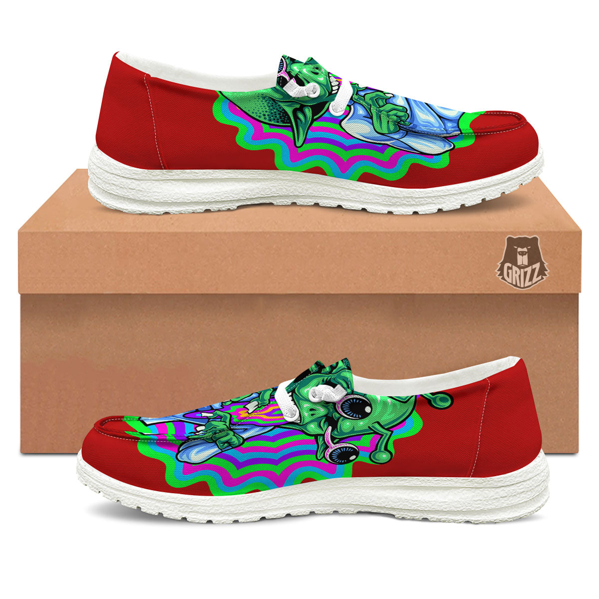 Trippy Alien Crazy Print White Loafers-grizzshop
