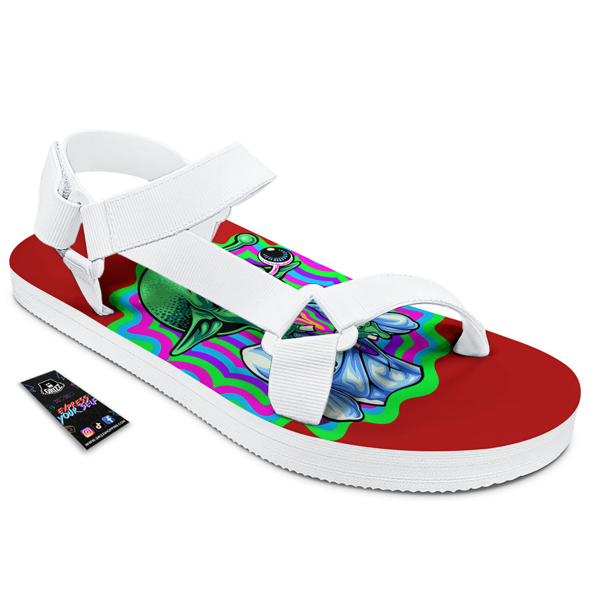 Trippy Alien Crazy Print White Open Toe Sandals-grizzshop