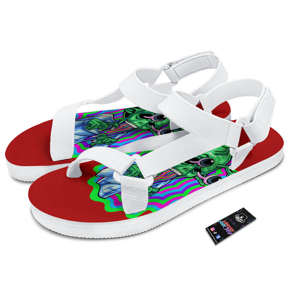 Trippy Alien Crazy Print White Open Toe Sandals-grizzshop