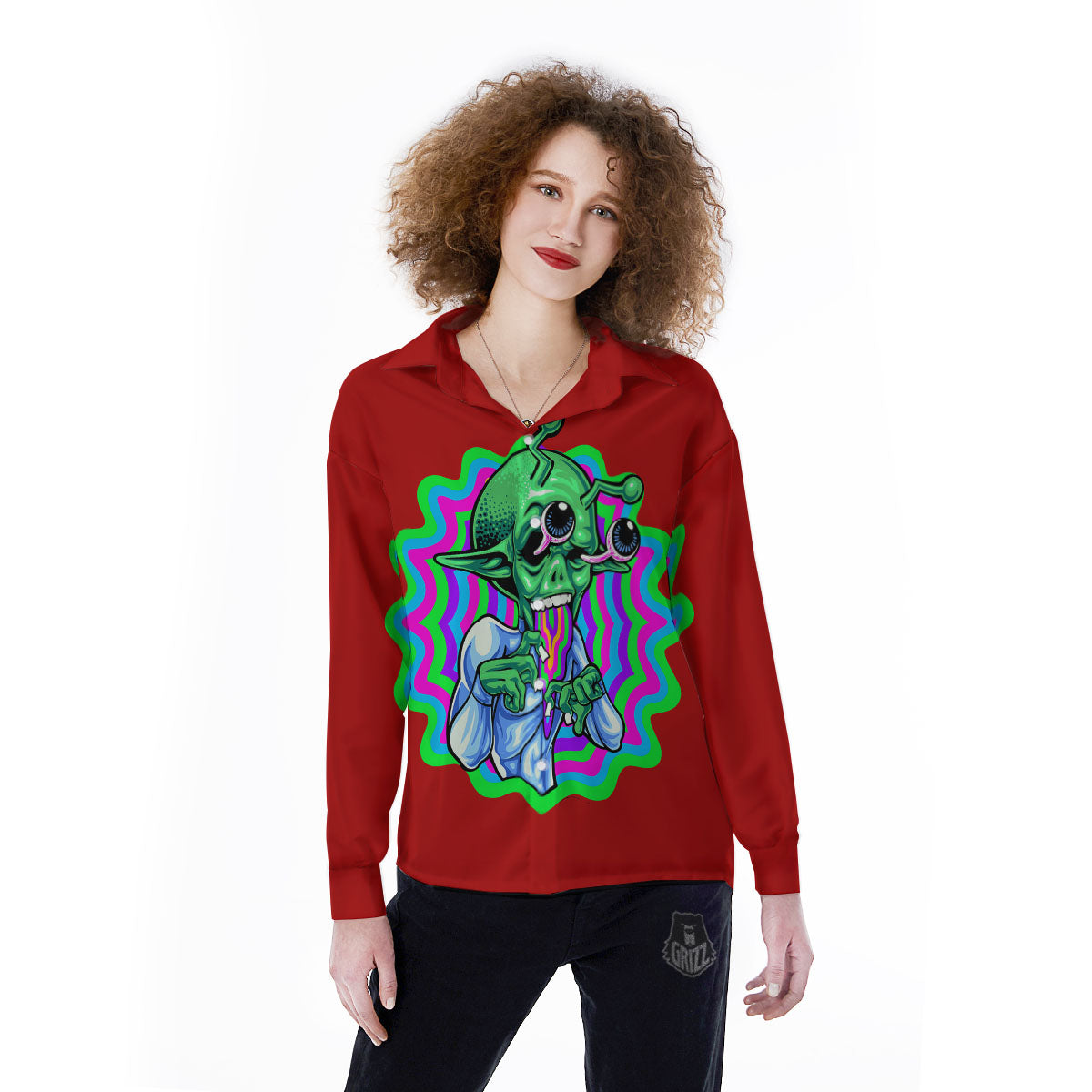 Trippy Alien Crazy Print Women's Long Sleeve Shirts-grizzshop