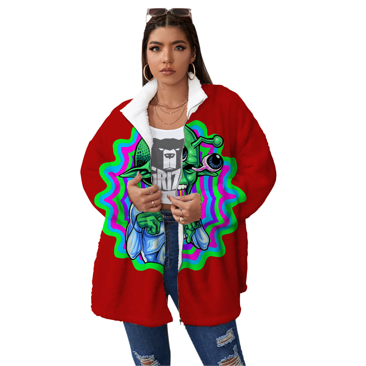 Trippy Alien Crazy Print Women's Sherpa Jacket-grizzshop