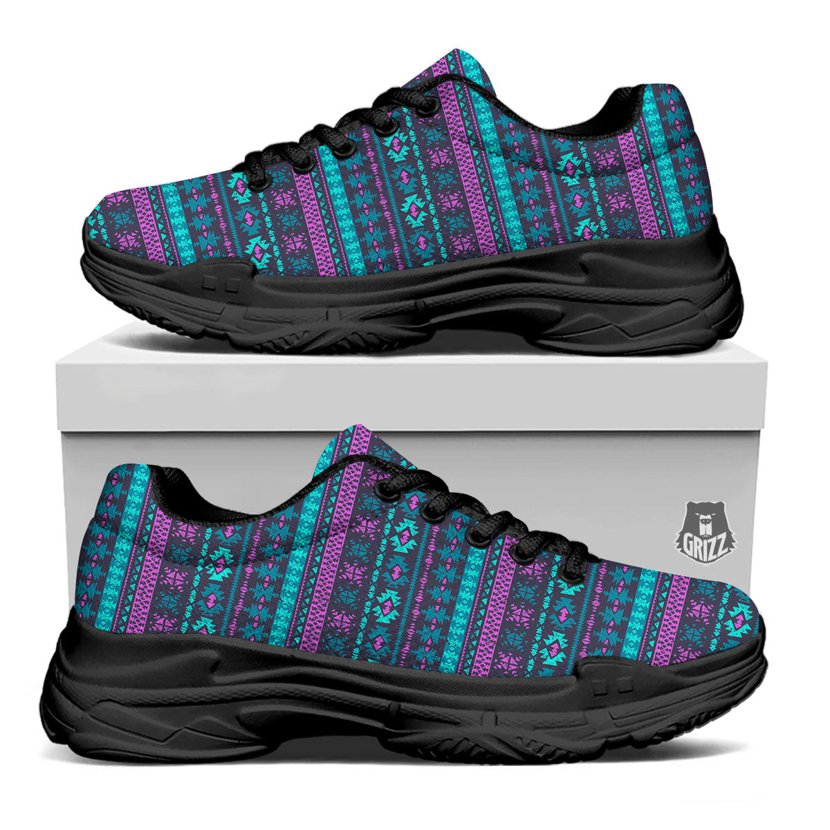 Trippy Ethnic Aztec Print Black Chunky Shoes-grizzshop