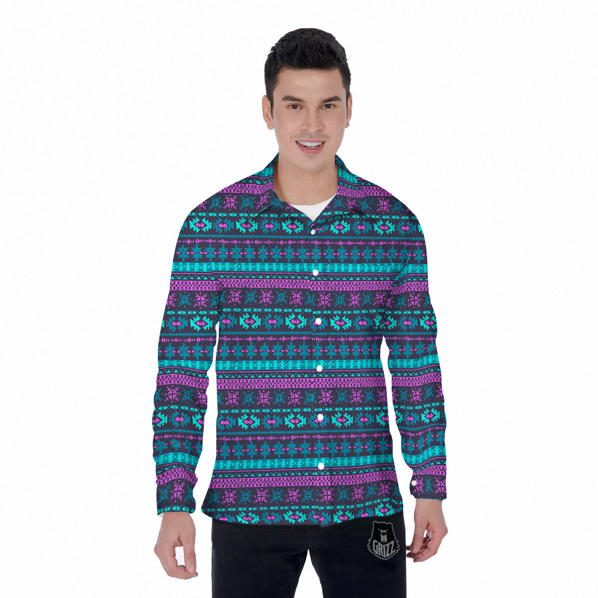 Trippy Ethnic Aztec Print Men's Long Sleeve Shirts-grizzshop