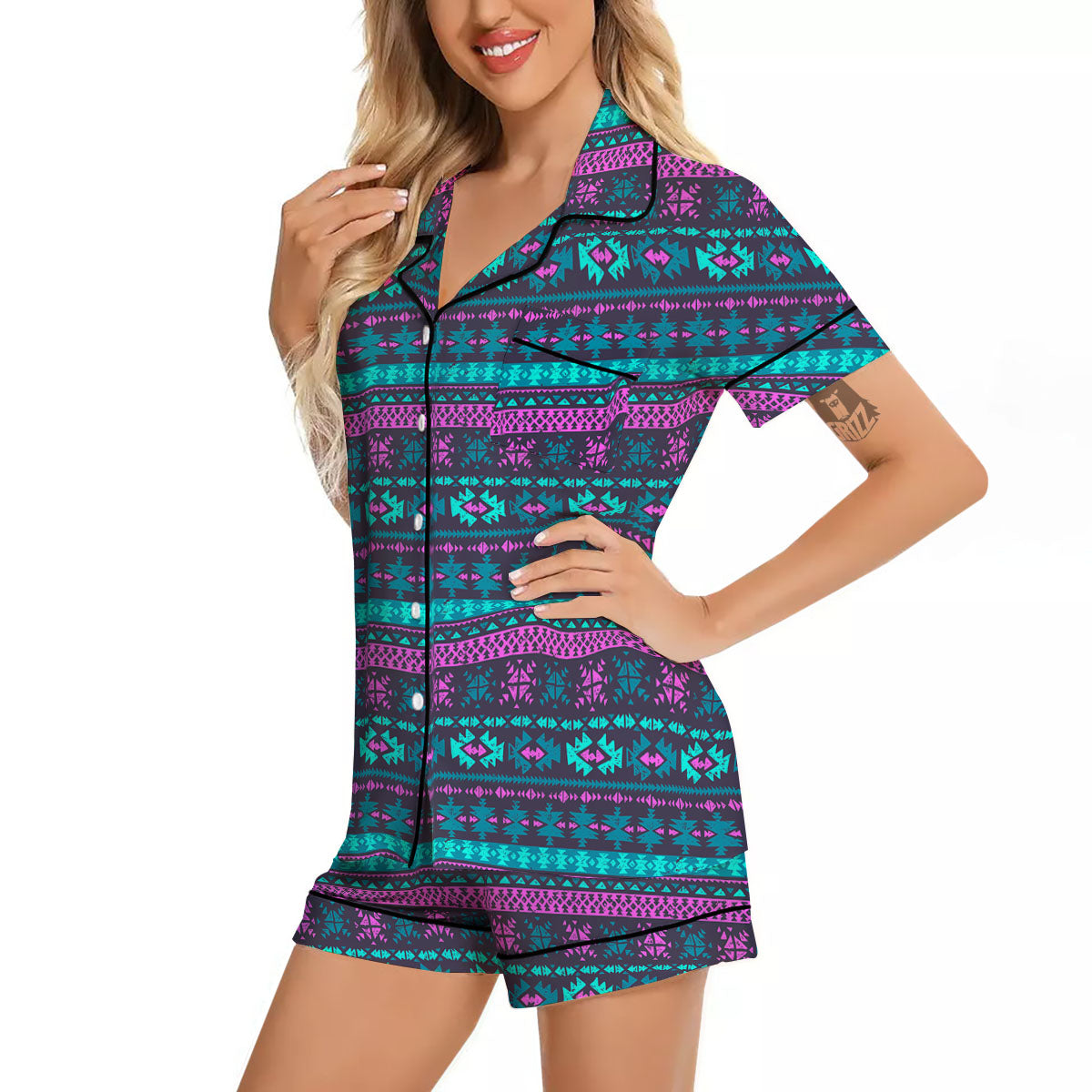 Trippy Ethnic Aztec Print Women Silk Pajamas-grizzshop