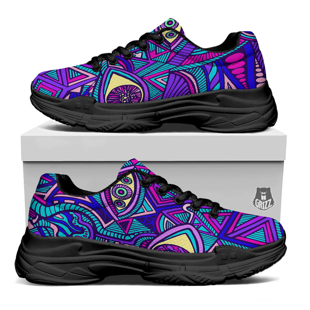 Trippy Ethnic Psychedelic Print Black Chunky Shoes-grizzshop