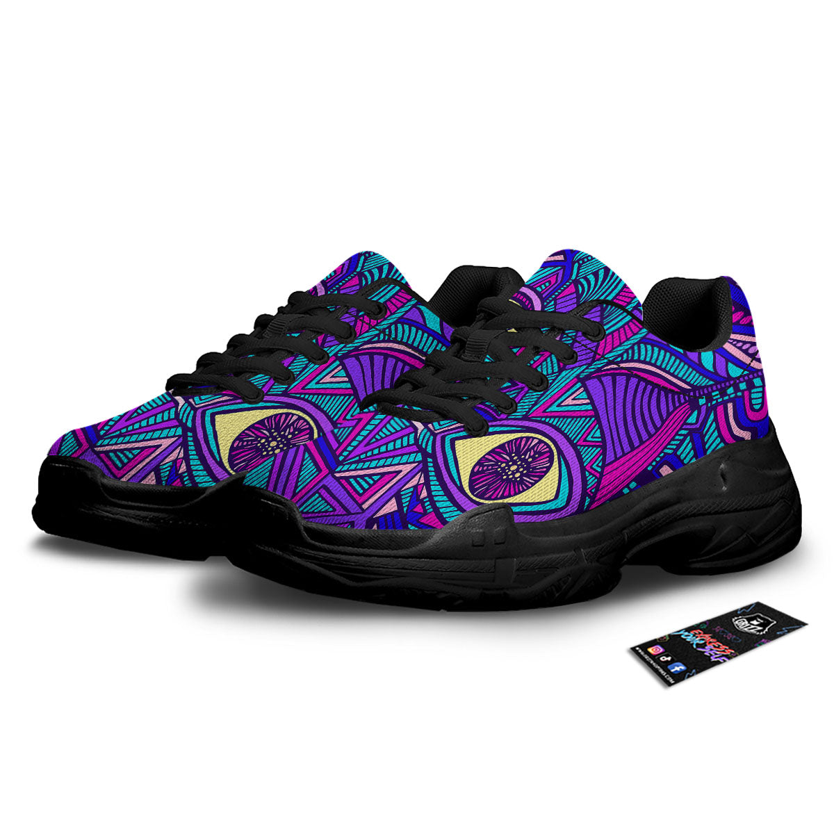 Trippy Ethnic Psychedelic Print Black Chunky Shoes-grizzshop