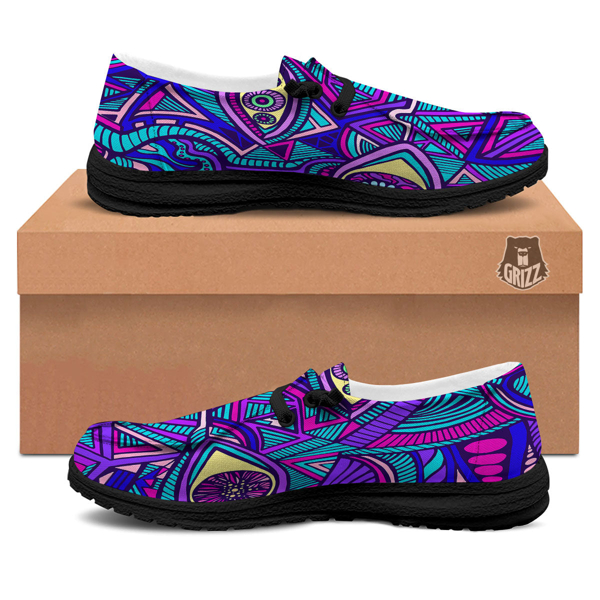 Trippy Ethnic Psychedelic Print Black Loafers-grizzshop