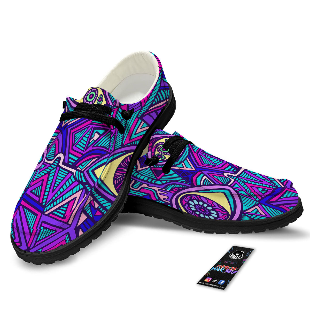 Trippy Ethnic Psychedelic Print Black Loafers-grizzshop