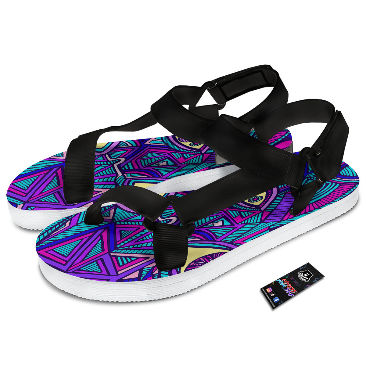 Trippy Ethnic Psychedelic Print Black Open Toe Sandals-grizzshop