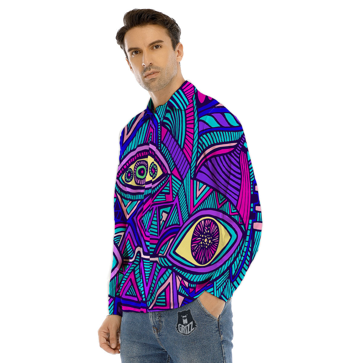 Trippy Ethnic Psychedelic Print Men's Dress Shirts-grizzshop