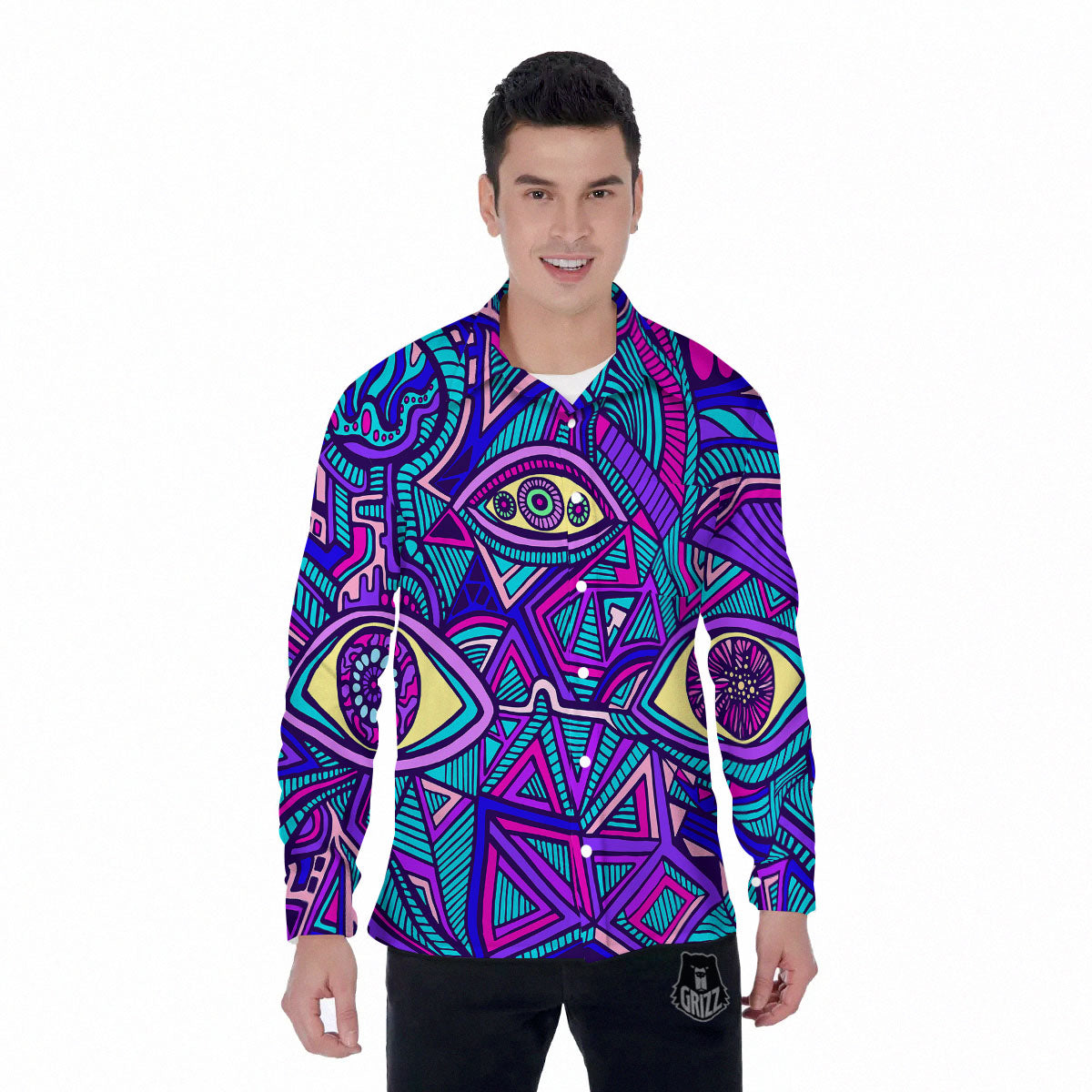 Trippy Ethnic Psychedelic Print Men's Long Sleeve Shirts-grizzshop