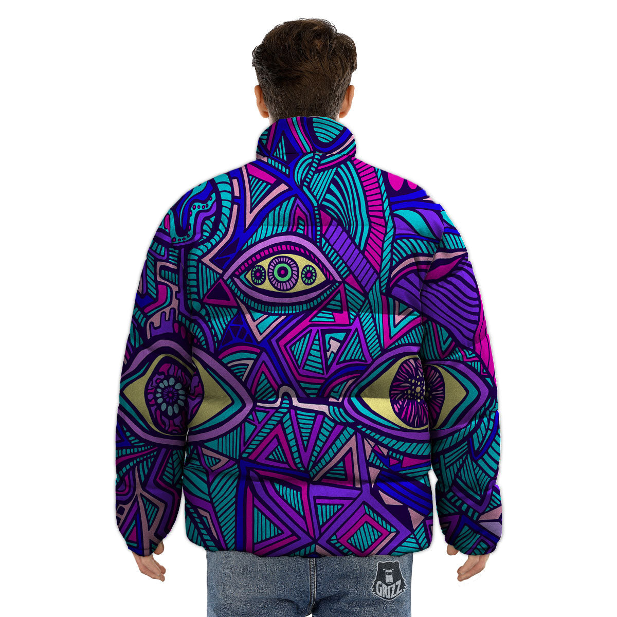 Trippy Ethnic Psychedelic Print Puffer Jacket-grizzshop