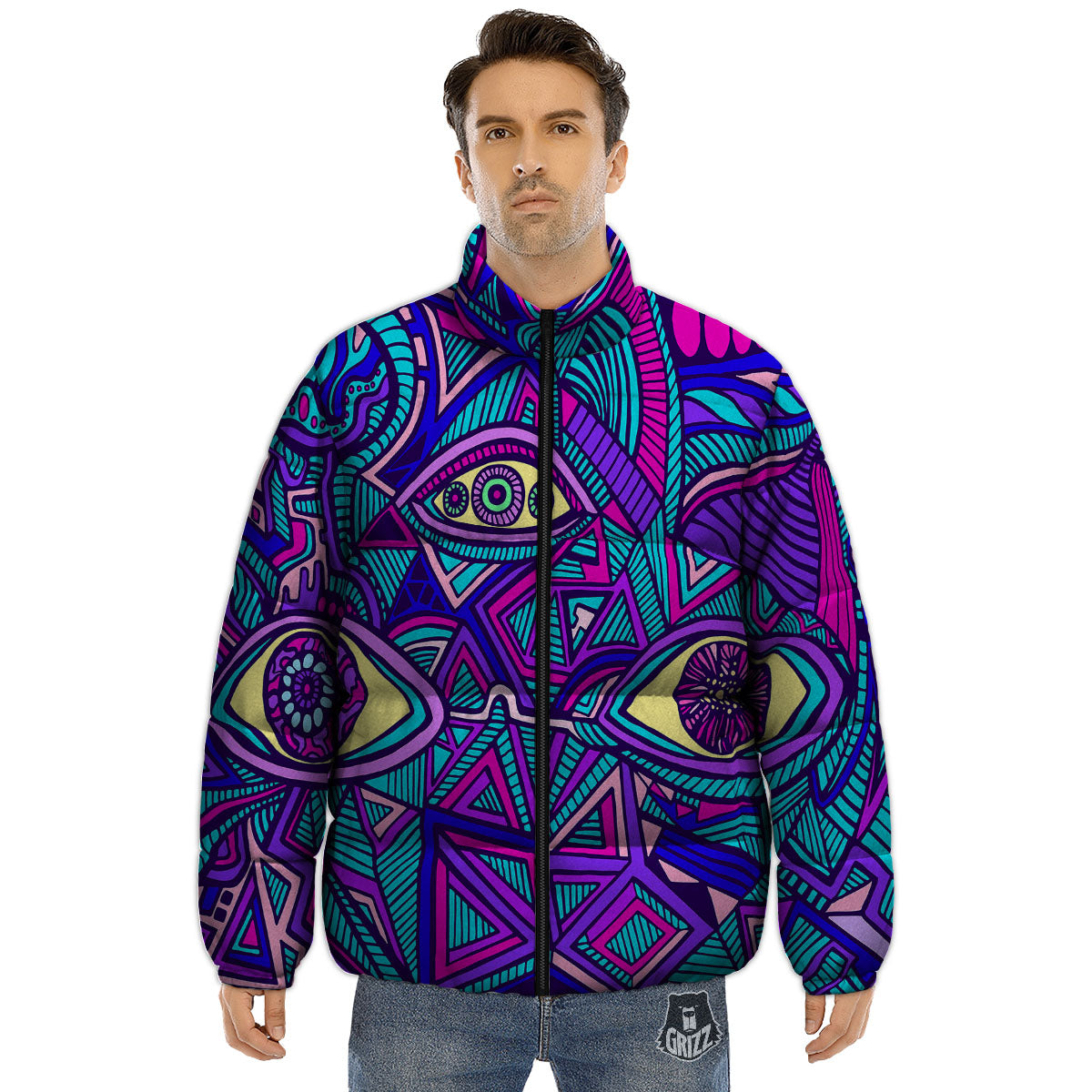 Trippy Ethnic Psychedelic Print Puffer Jacket-grizzshop