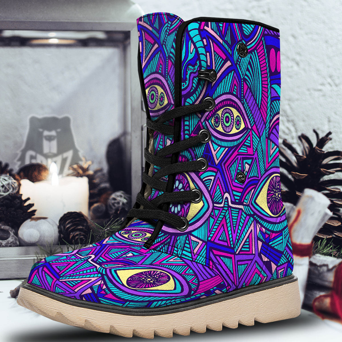 Trippy Ethnic Psychedelic Print Snow Boots-grizzshop