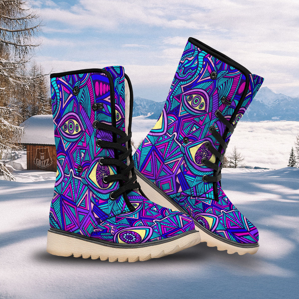 Trippy Ethnic Psychedelic Print Snow Boots-grizzshop
