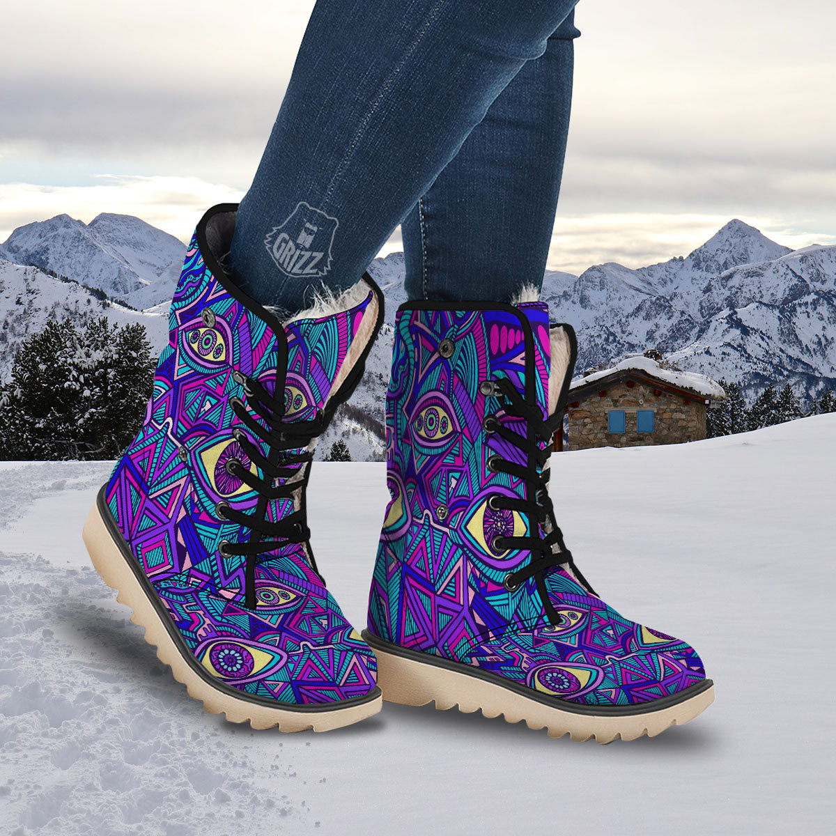 Trippy Ethnic Psychedelic Print Snow Boots-grizzshop