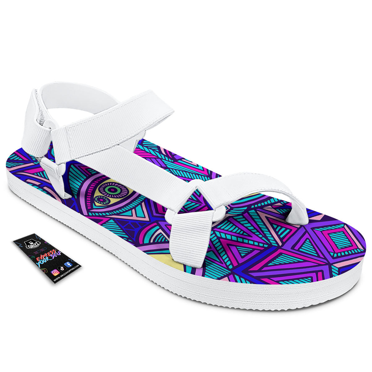Trippy Ethnic Psychedelic Print White Open Toe Sandals-grizzshop