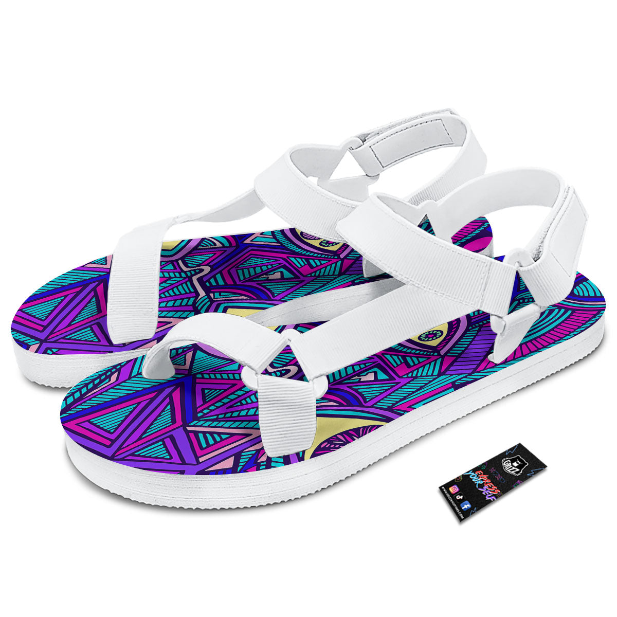 Trippy Ethnic Psychedelic Print White Open Toe Sandals-grizzshop