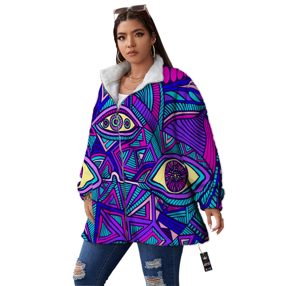 Trippy Ethnic Psychedelic Print Women's Sherpa Jacket-grizzshop