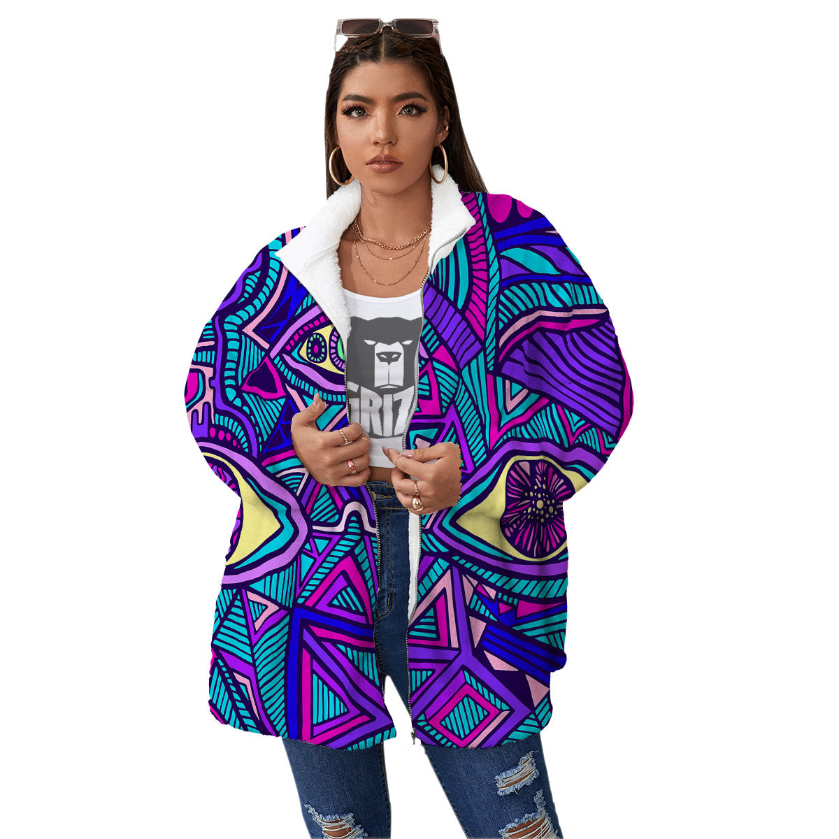 Trippy Ethnic Psychedelic Print Women's Sherpa Jacket-grizzshop