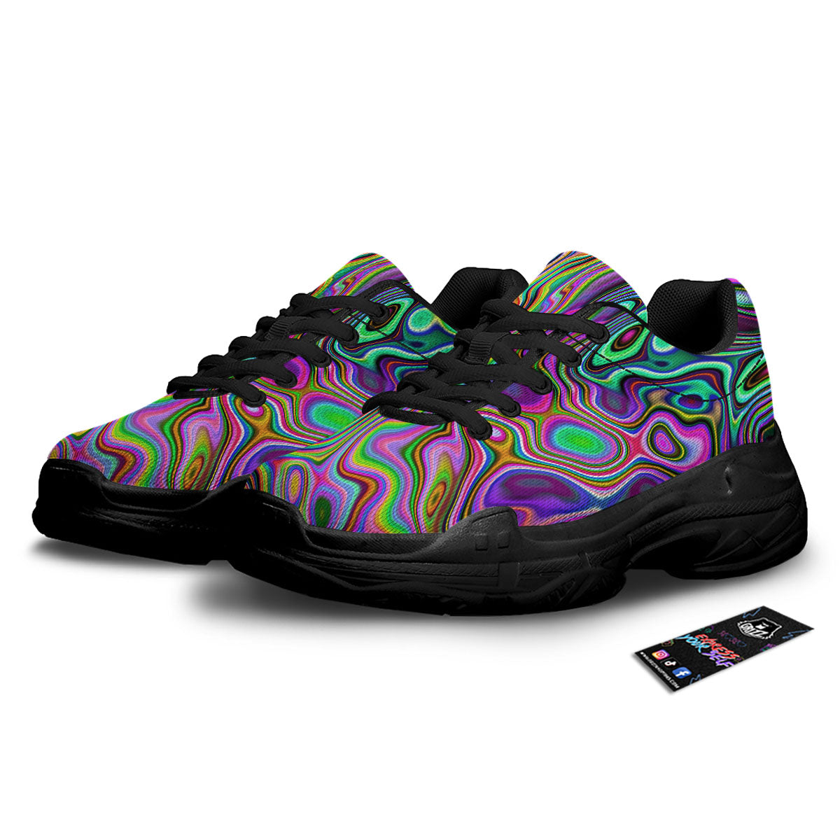 Trippy Liquid Holographic Print Black Chunky Shoes-grizzshop