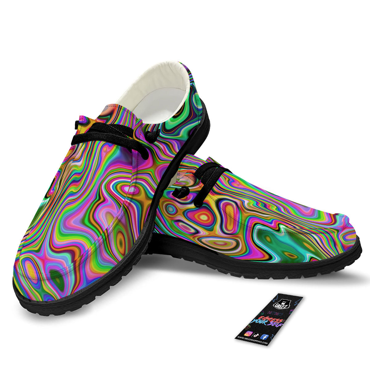 Trippy Liquid Holographic Print Black Loafers-grizzshop
