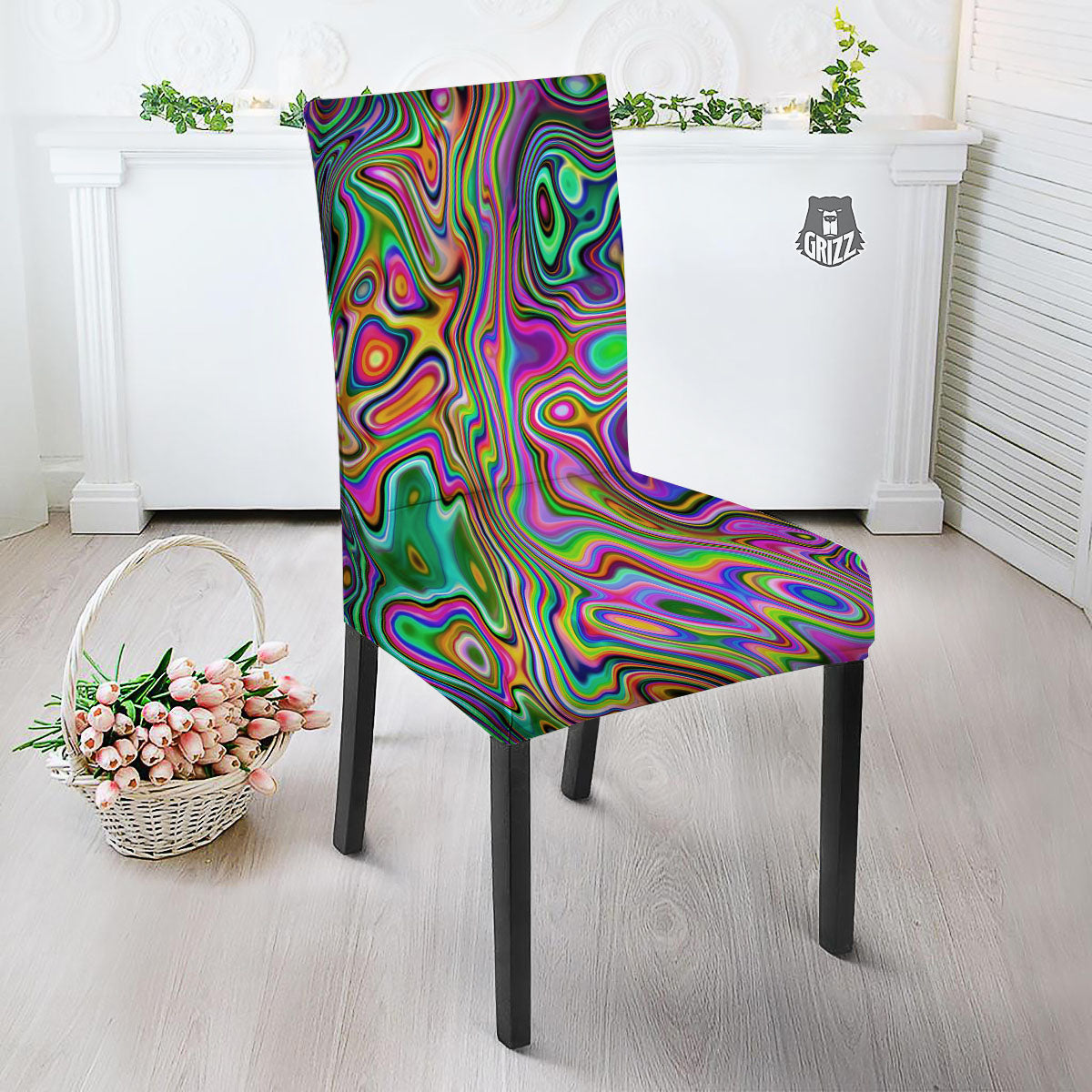 Trippy Liquid Holographic Print Dining Chair Slipcover-grizzshop