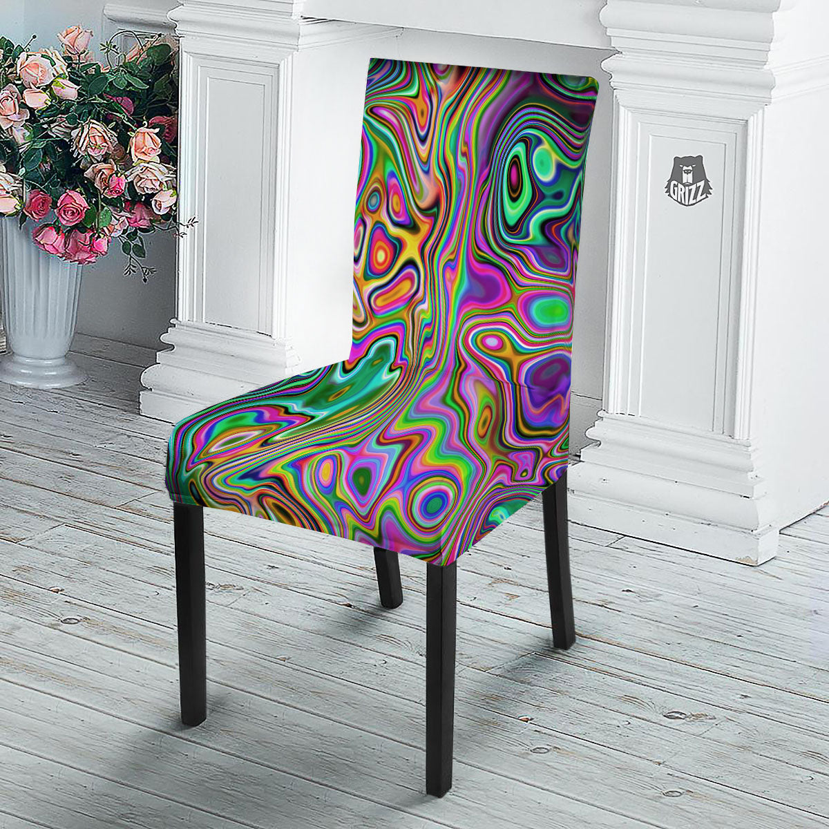 Trippy Liquid Holographic Print Dining Chair Slipcover-grizzshop