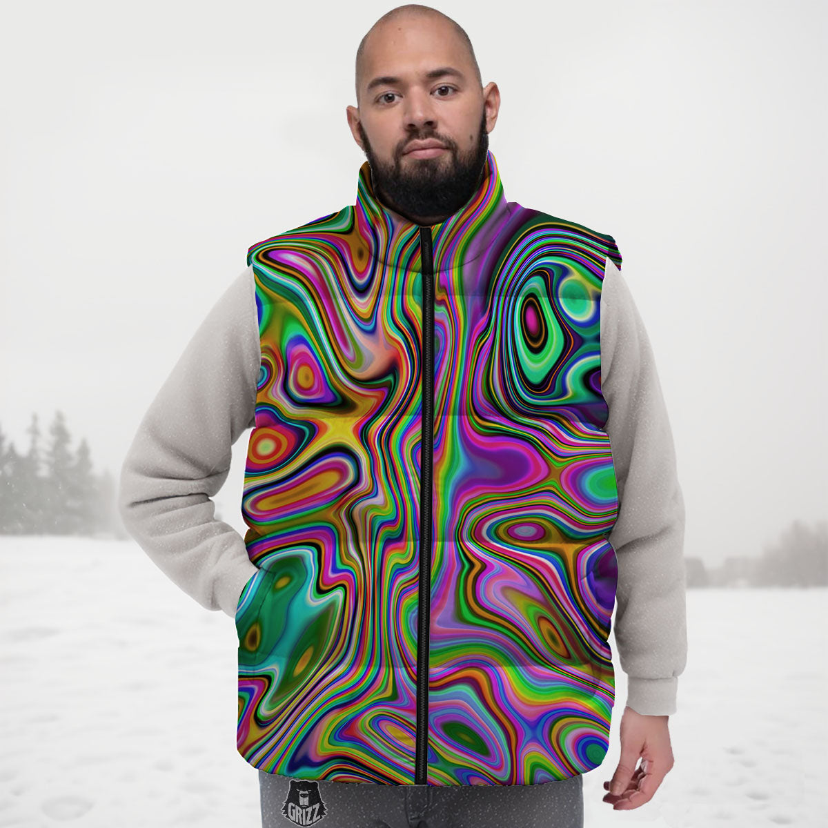 Trippy Liquid Holographic Print Down Vest