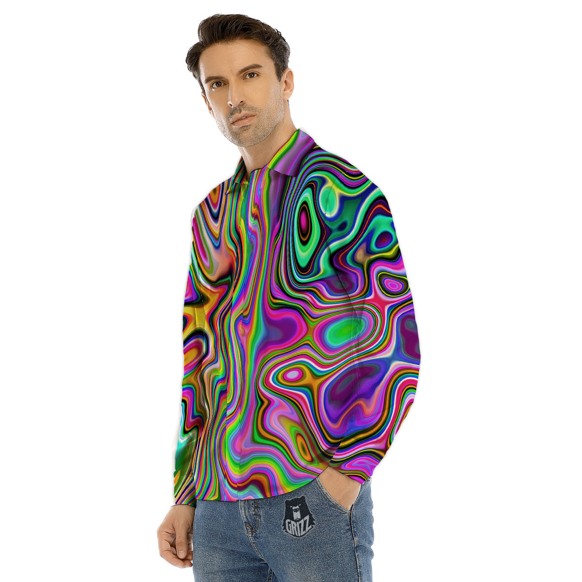 Trippy Liquid Holographic Print Men's Dress Shirts-grizzshop