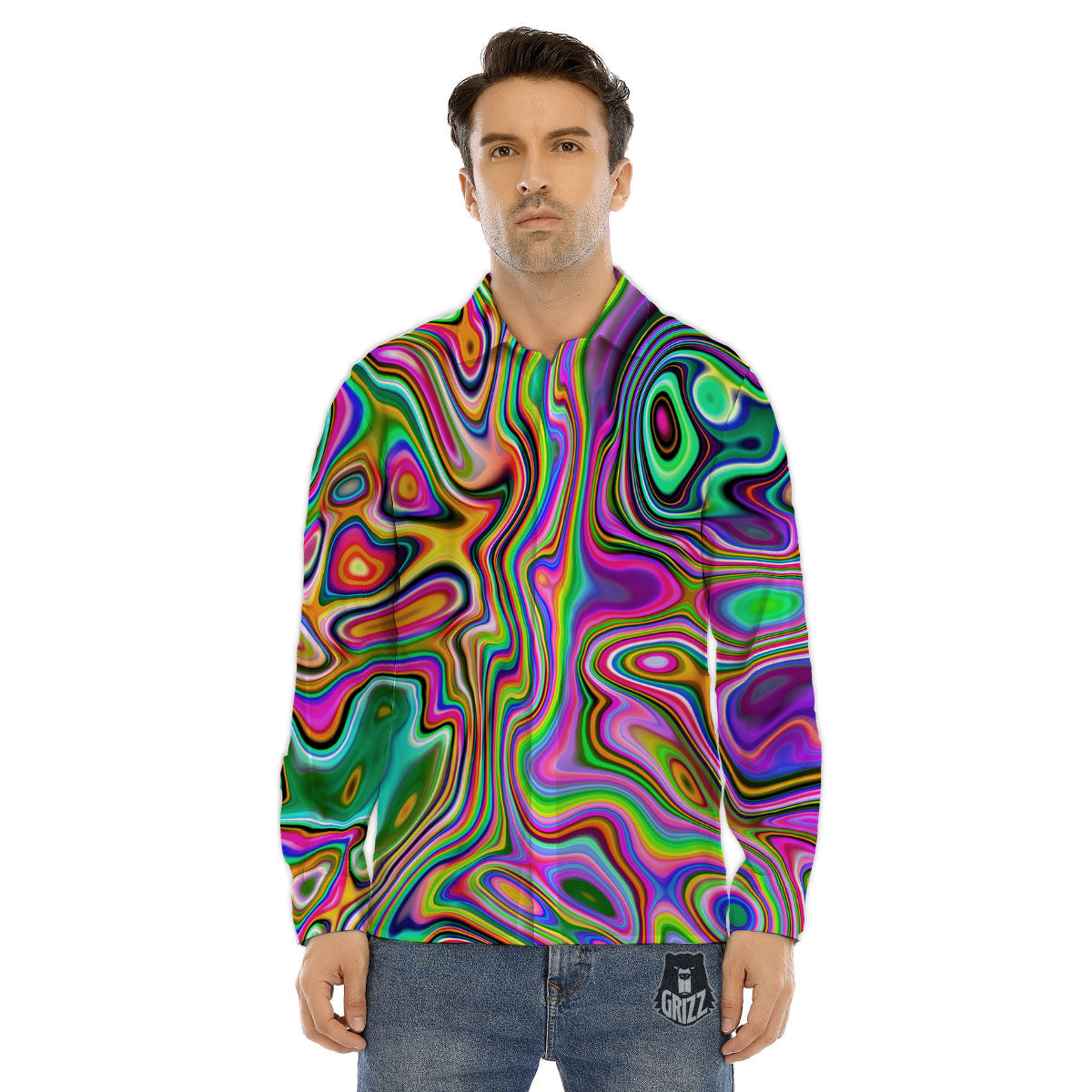 Trippy Liquid Holographic Print Men's Dress Shirts-grizzshop