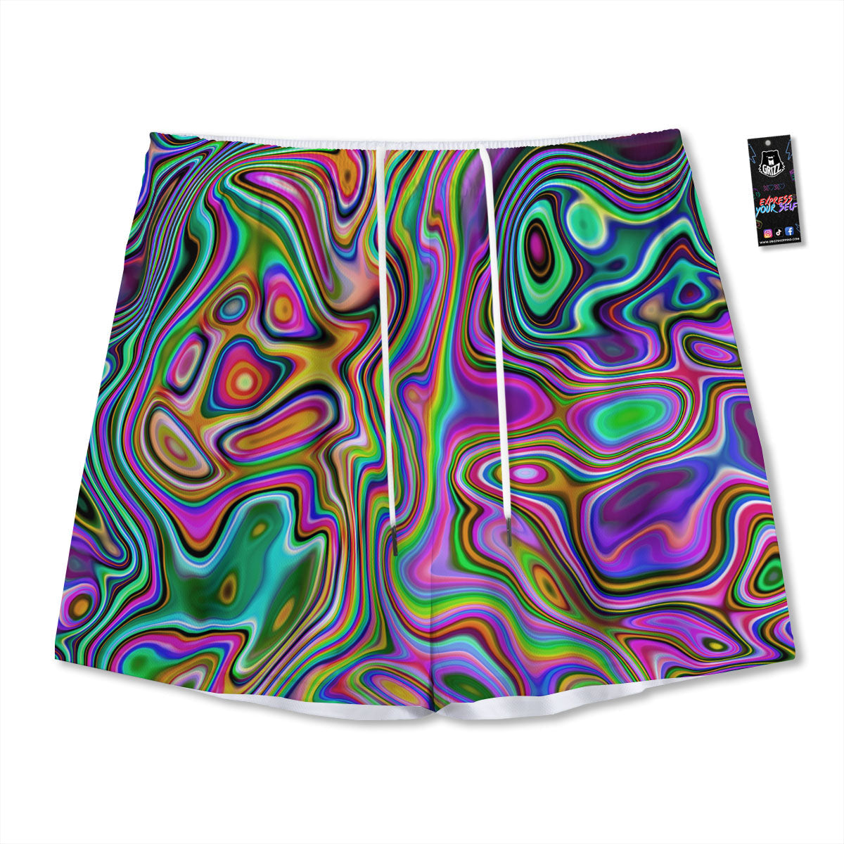 Trippy Liquid Holographic Print Mesh Shorts