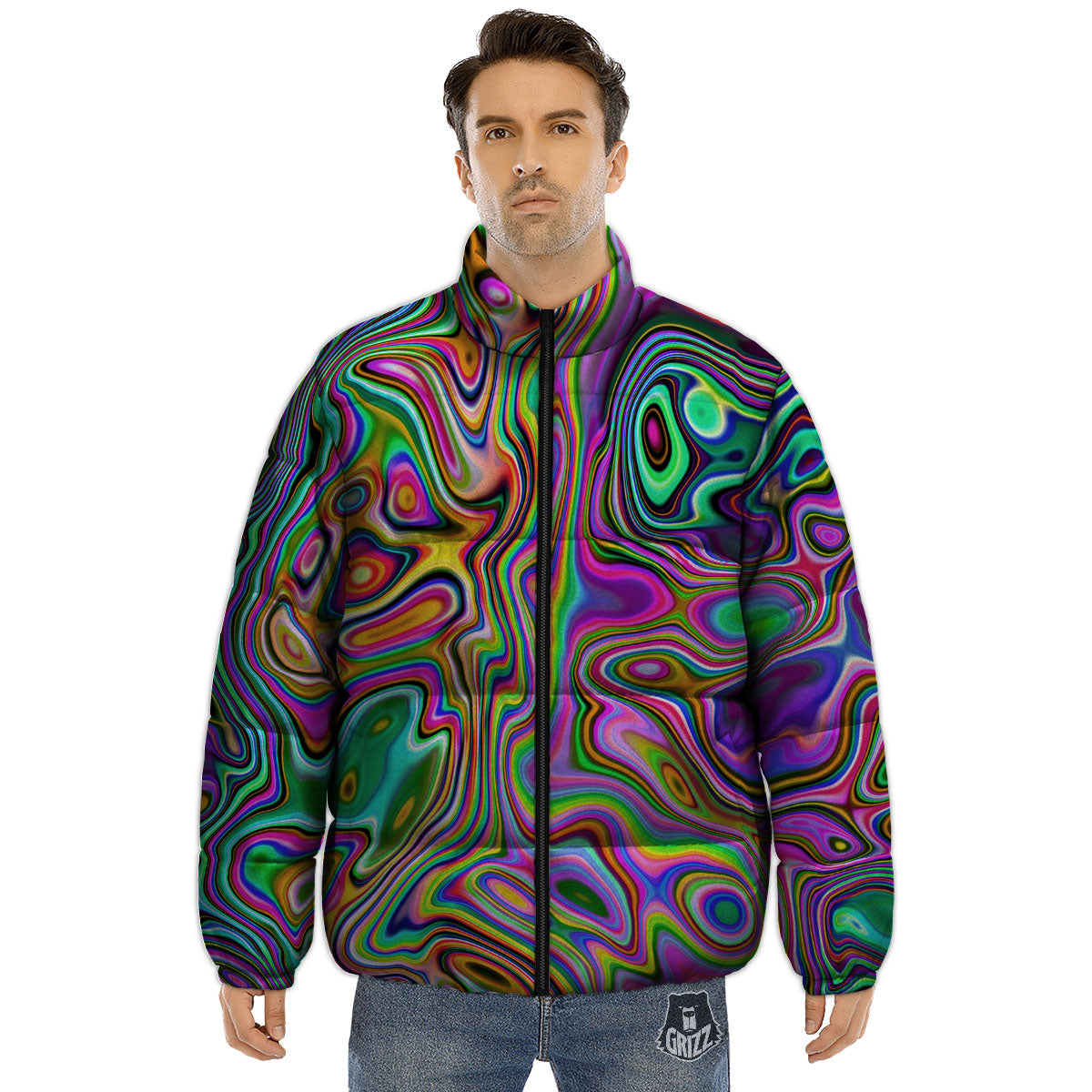 Trippy Liquid Holographic Print Puffer Jacket-grizzshop