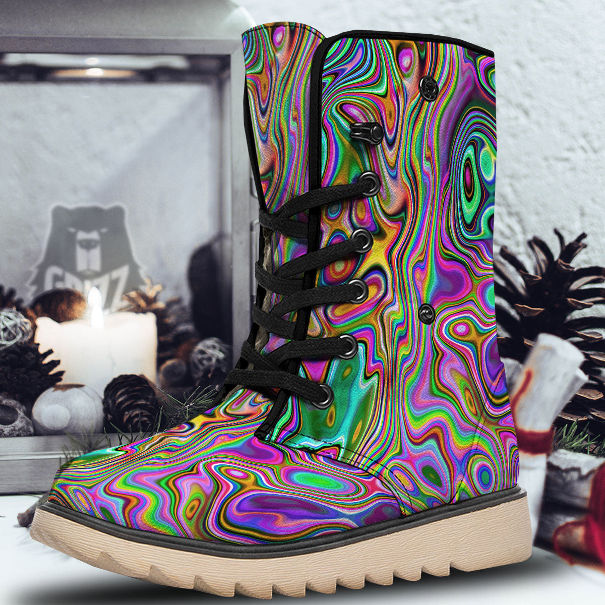 Trippy Liquid Holographic Print Snow Boots-grizzshop