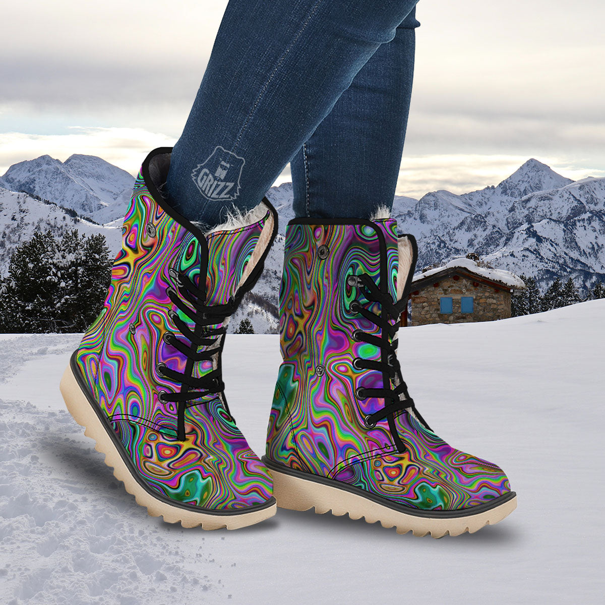 Trippy Liquid Holographic Print Snow Boots-grizzshop