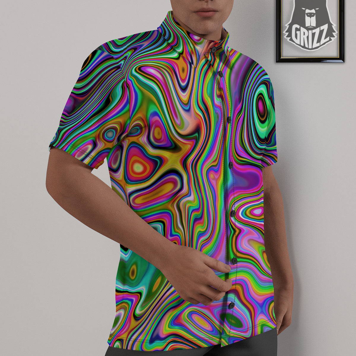 Trippy Liquid Holographic Print Untucked Shirts-grizzshop