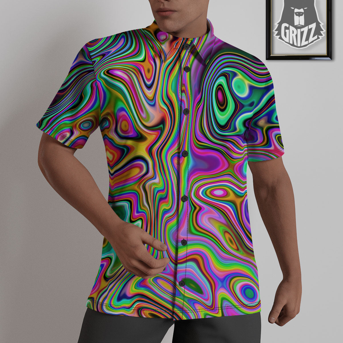 Trippy Liquid Holographic Print Untucked Shirts-grizzshop