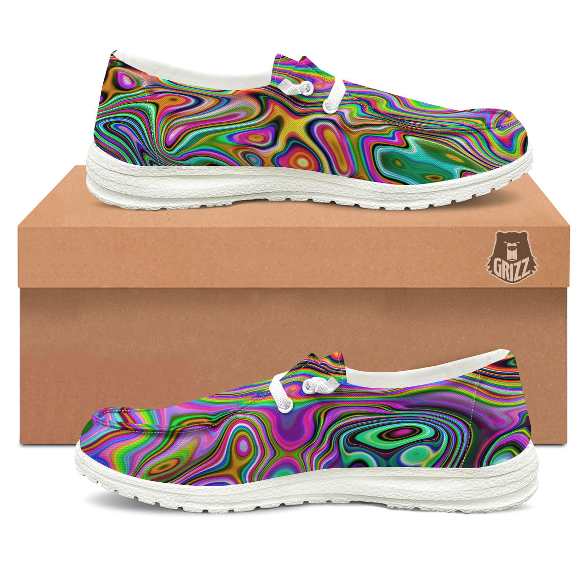 Trippy Liquid Holographic Print White Loafers-grizzshop