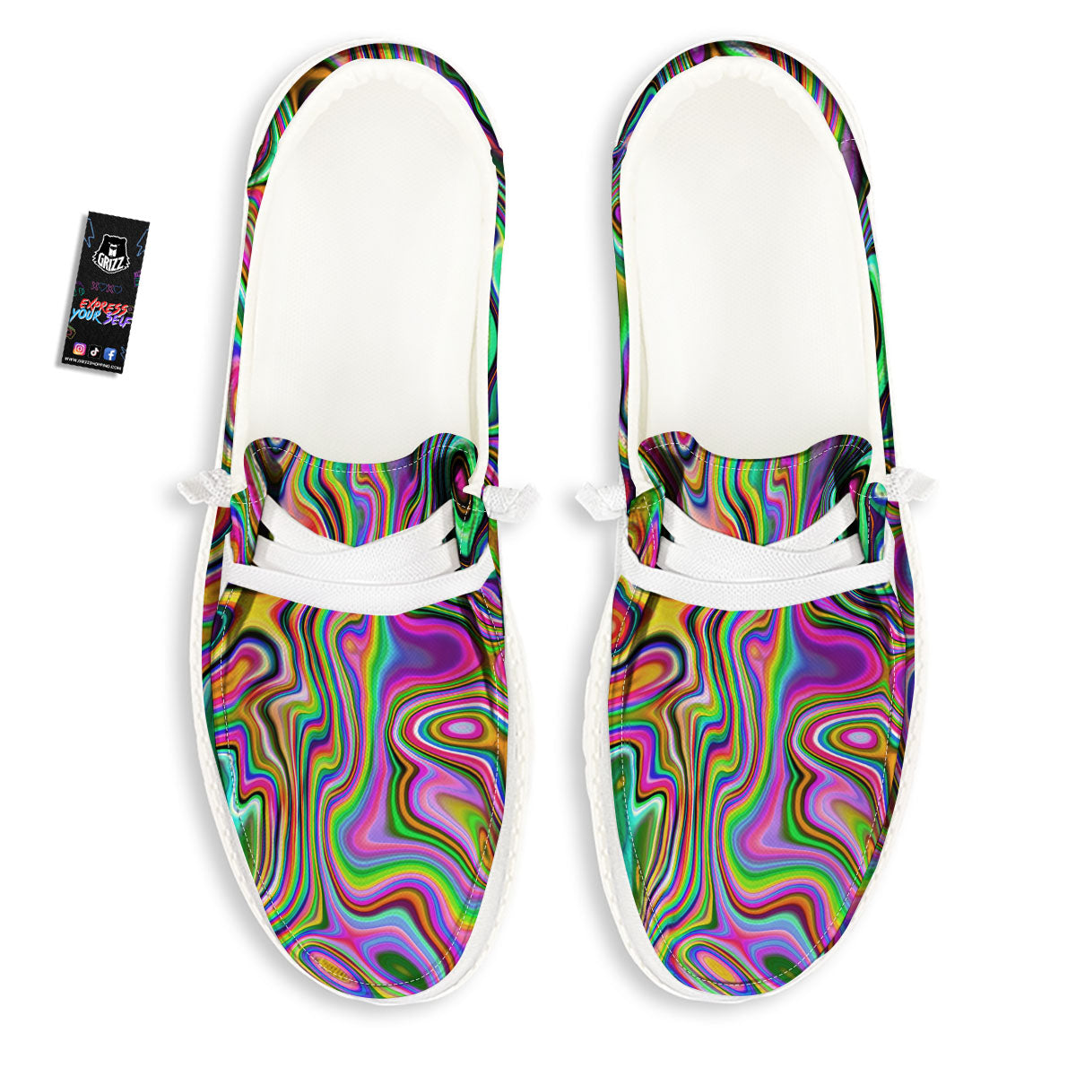 Trippy Liquid Holographic Print White Loafers-grizzshop