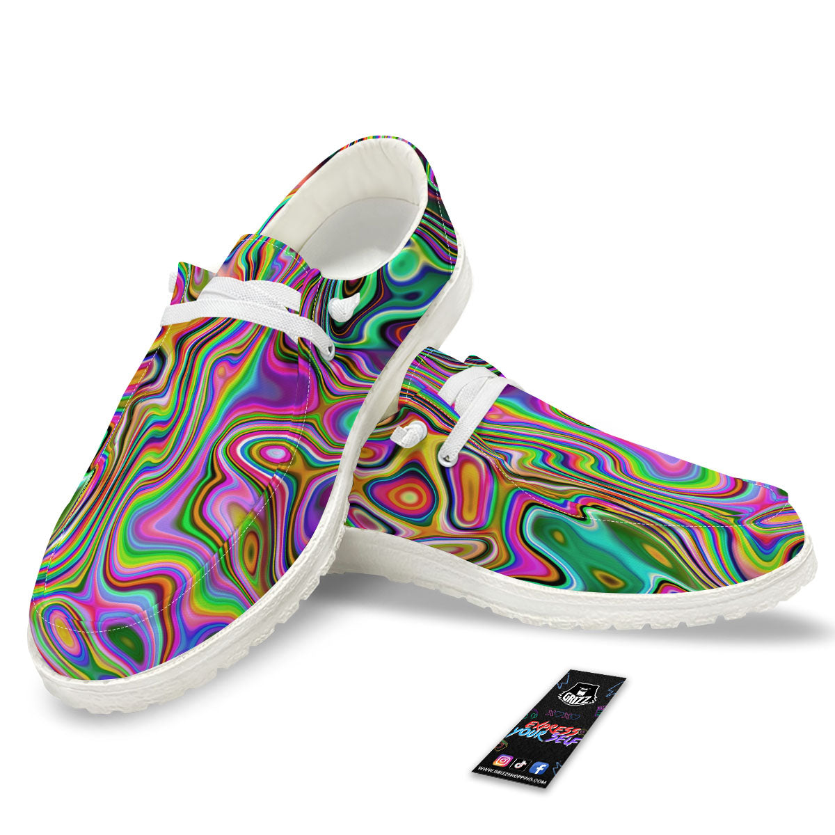 Trippy Liquid Holographic Print White Loafers-grizzshop