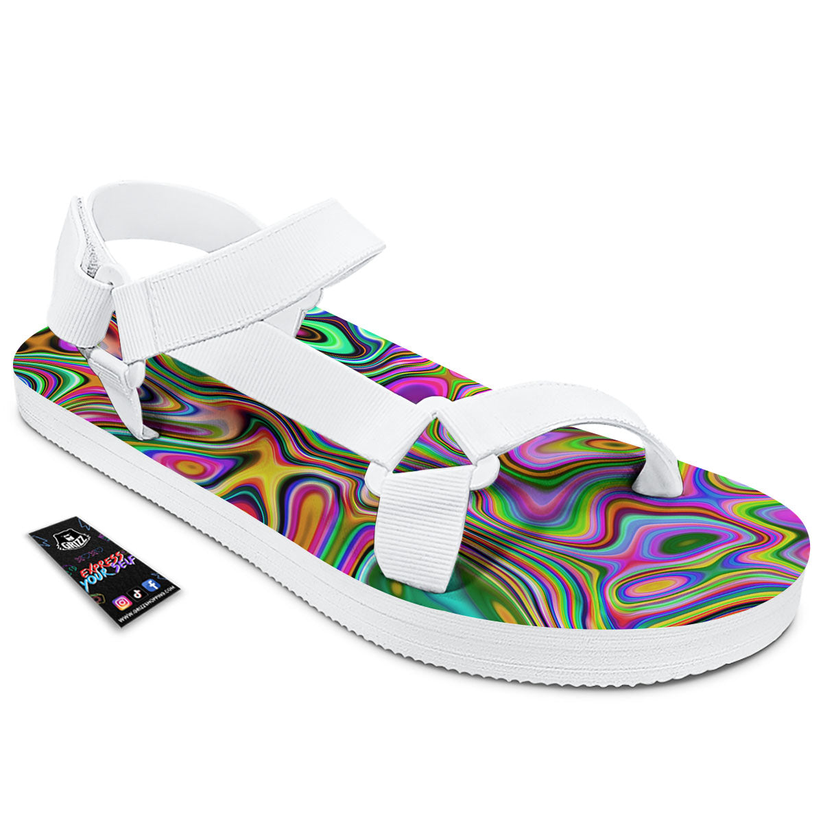 Trippy Liquid Holographic Print White Open Toe Sandals-grizzshop