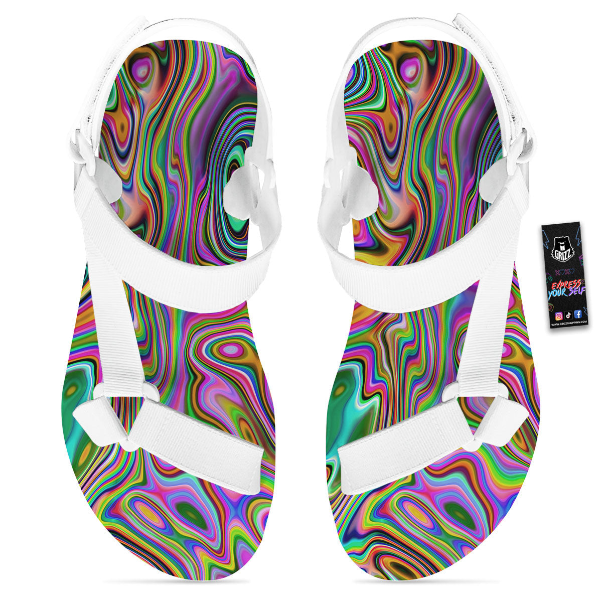 Trippy Liquid Holographic Print White Open Toe Sandals-grizzshop