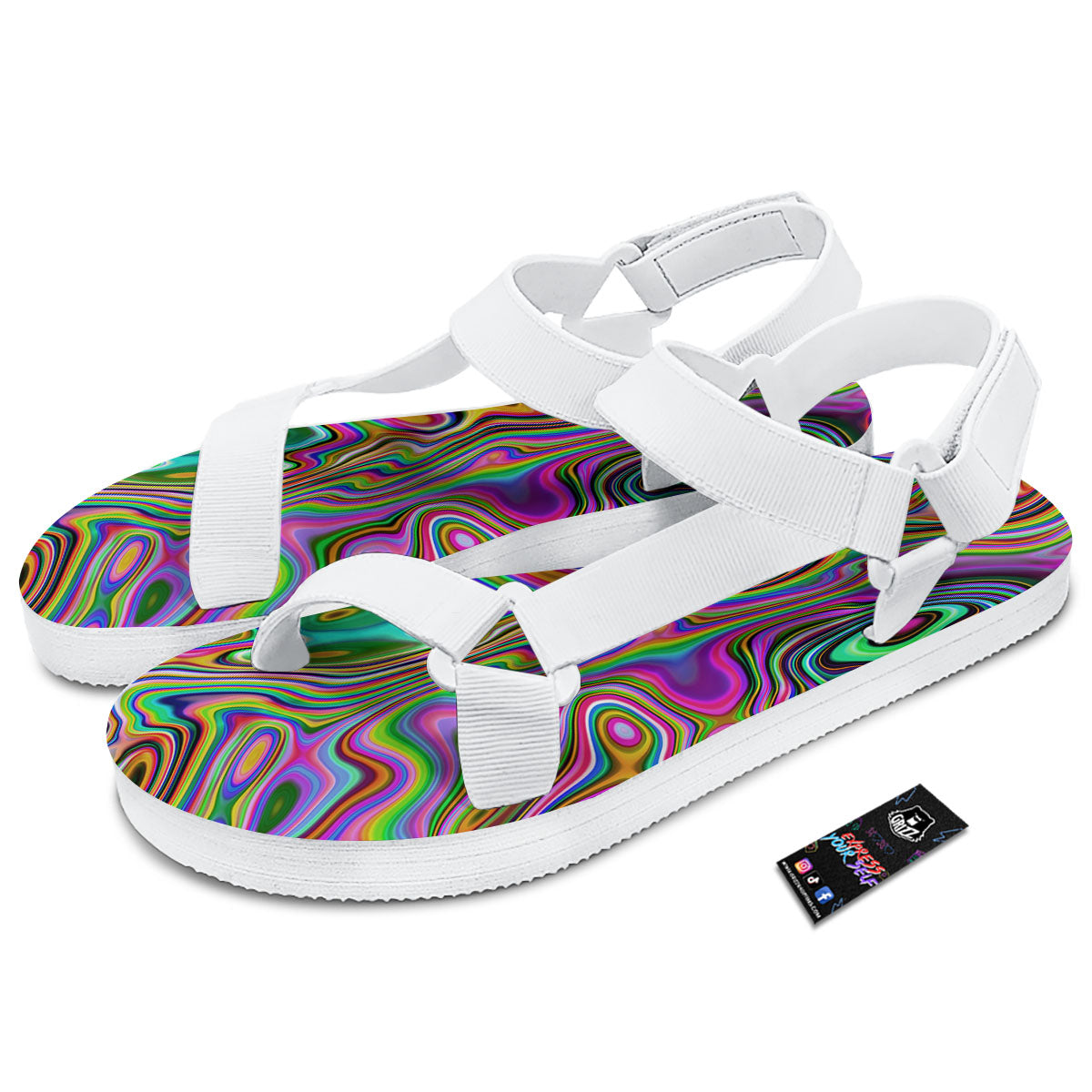 Trippy Liquid Holographic Print White Open Toe Sandals-grizzshop