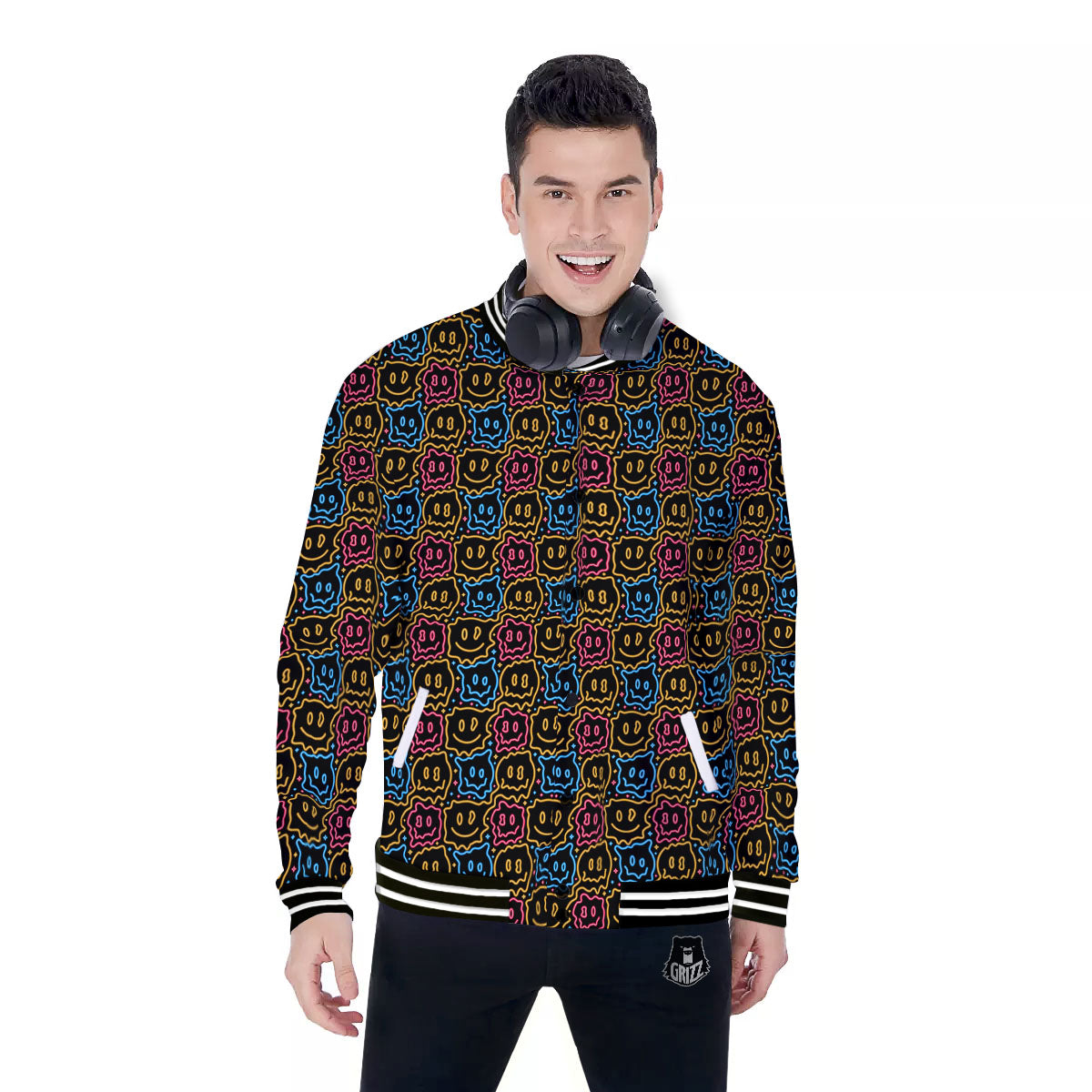 Trippy Neon Psychedelic Print Baseball Jacket-grizzshop