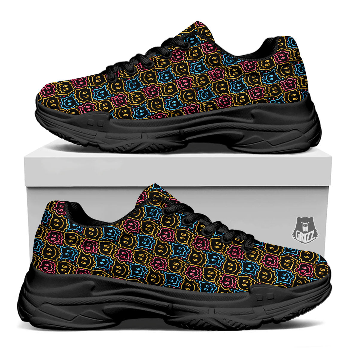 Trippy Neon Psychedelic Print Black Chunky Shoes-grizzshop
