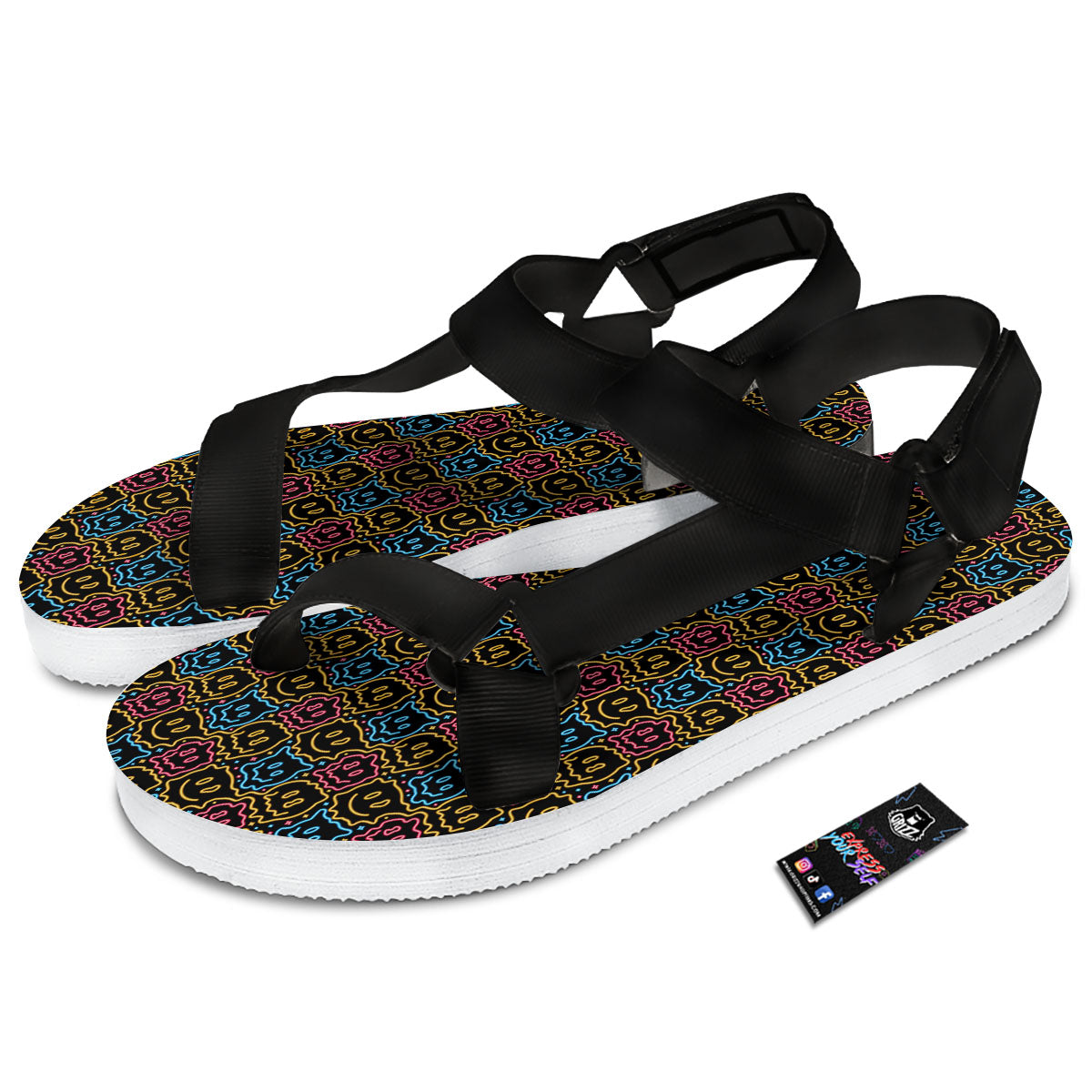 Trippy Neon Psychedelic Print Black Open Toe Sandals-grizzshop